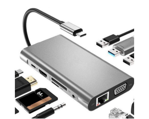 Usb Hub Type C на HDMI VGA AUX 3.5 mm SD/TF Card Reader USB Hub 3x3.0 Ethernet LAN RJ 45 USB C Charging переходник адаптер Foxconn (A10033)