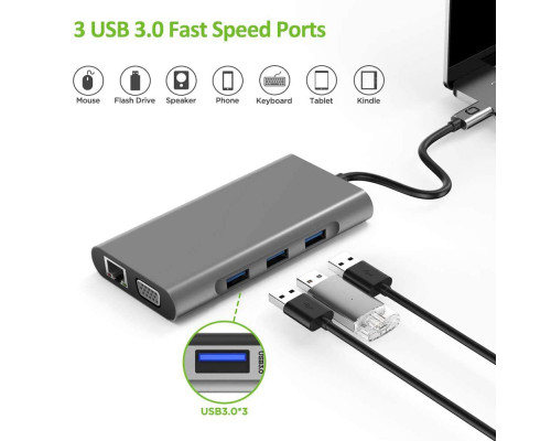 Usb Hub Type C на HDMI VGA AUX 3.5 mm SD/TF Card Reader USB Hub 3x3.0 Ethernet LAN RJ 45 USB C Charging переходник адаптер Foxconn (A10033)