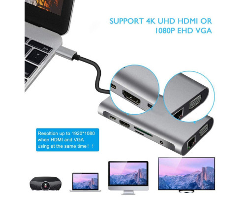 Usb Hub Type C на HDMI VGA AUX 3.5 mm SD/TF Card Reader USB Hub 3x3.0 Ethernet LAN RJ 45 USB C Charging переходник адаптер Foxconn (A10033)