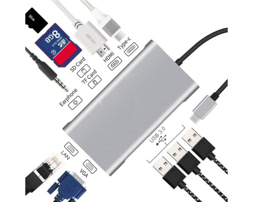 Usb Hub Type C на HDMI VGA AUX 3.5 mm SD/TF Card Reader USB Hub 3x3.0 Ethernet LAN RJ 45 USB C Charging переходник адаптер Foxconn (A10033)