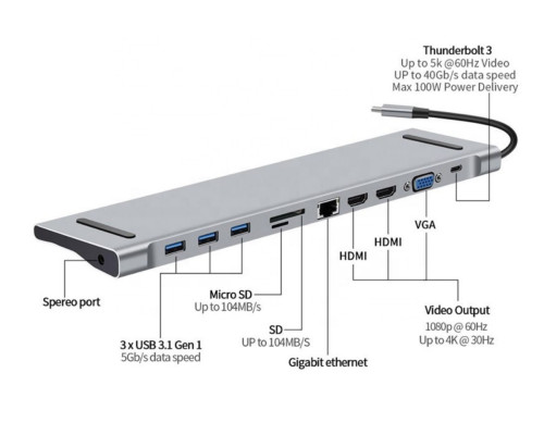 Usb Hub Type C на HDMI VGA AUX 3.5 mm SD/TF Card Reader USB Hub 3x3.0 Ethernet RJ 45 USB C Charging переходник адаптер Foxconn (A10037)