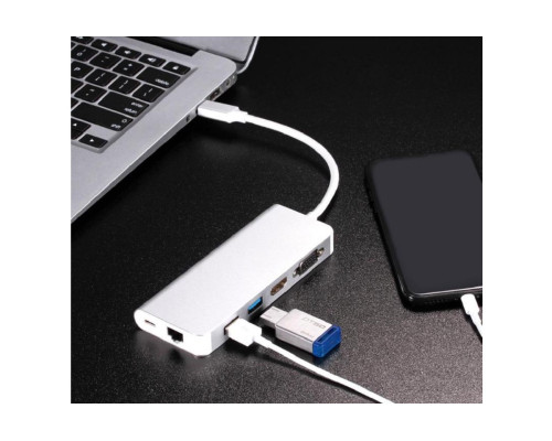 Usb Hub Type C на HDMI + VGA USB Hub 2x3.0 Ethernet LAN RJ 45 USB USB C Charging переходник адаптер Foxconn (A10199)