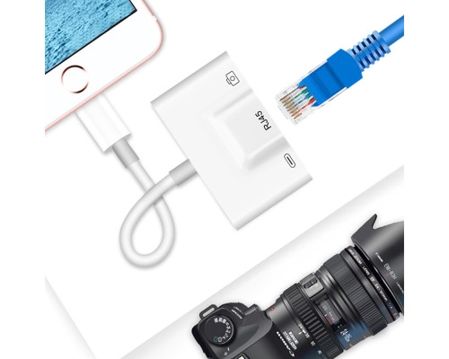 Переходник для iPhone на USB и RJ45 Ethetnet адаптер iPad/iPod/iPhone для подключения камеры и Интернет кабель Foxconn (A14645)