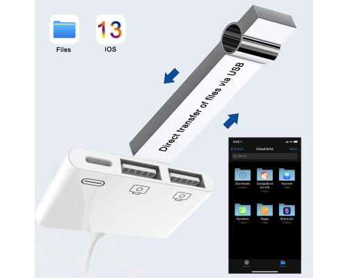 Переходник для iPhone на 2 х USB 3.0 адаптер для подключения камеры или флешки на iPad/iPod/iPhone Foxconn (А16463)